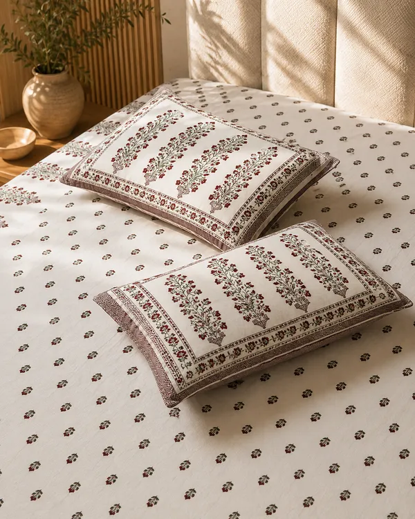 White_&_Red_Cotton__Floral_Print_Kingsize_Bedsheet_with_2_Pillow_covers.