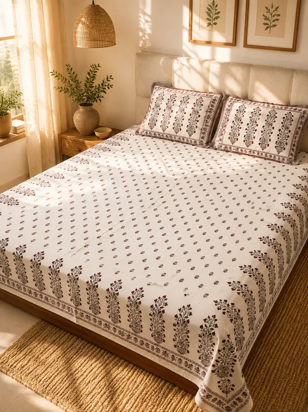 White_&_Red_Cotton__Floral_Print_Kingsize_Bedsheet_with_2_Pillow_covers.
