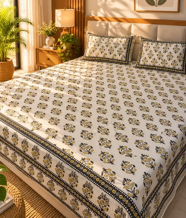 Yellow_&_Grey_Cotton_Floral_Kingsize_Beet_Sheet_with_2_Pillow_Covers