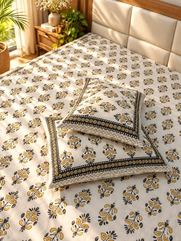 Yellow_&_Grey_Cotton_Floral_Kingsize_Beet_Sheet_with_2_Pillow_Covers