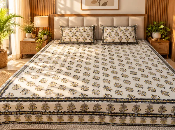 Yellow_&_Grey_Cotton_Floral_Kingsize_Beet_Sheet_with_2_Pillow_Covers