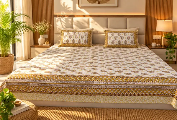 Yellow_&_White_Cotton_Floral_Print_Kingsize_Bedsheet_with_2_Pillow_Covers