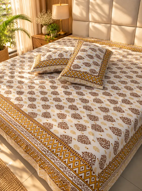 Yellow_&_White_Cotton_Floral_Print_Kingsize_Bedsheet_with_2_Pillow_Covers