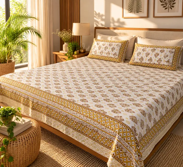 Yellow_&_White_Cotton_Floral_Print_Kingsize_Bedsheet_with_2_Pillow_Covers
