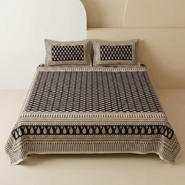 Black_And_Beige_Bagru_Printed_King_Size_Bedsheet_With_Pillow_Covers