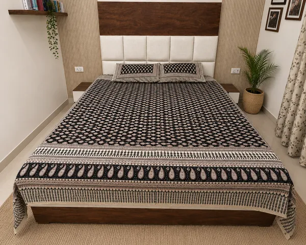 Black_And_Beige_Bagru_Printed_King_Size_Bedsheet_With_Pillow_Covers