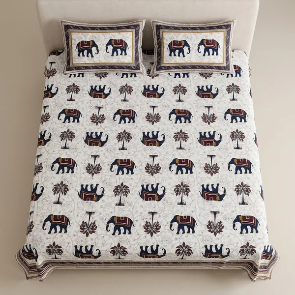 White_And_Black_Cotton_Elephant_Print_King_Size_Bedsheet_With_Pillow_Covers