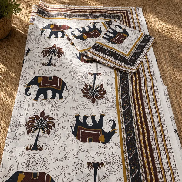 White_And_Black_Cotton_Elephant_Print_King_Size_Bedsheet_With_Pillow_Covers