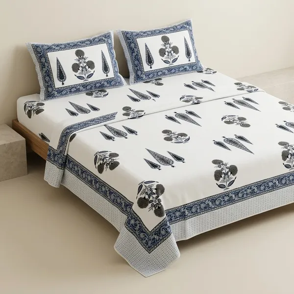 White_&_Blue_Cotton_Floral_Print_King_Size_Bedsheet_With_Pillow_Covers