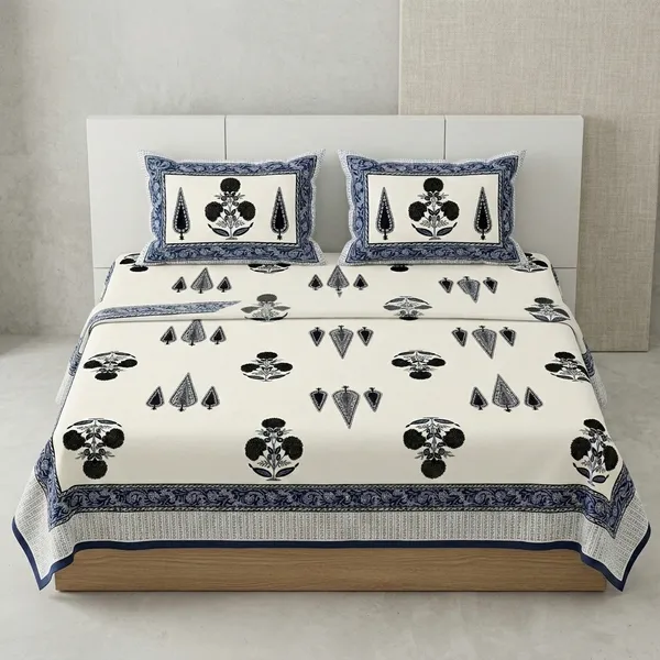 White_&_Blue_Cotton_Floral_Print_King_Size_Bedsheet_With_Pillow_Covers