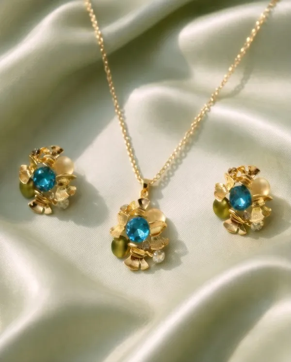 Gold_Plated_Blue_Crystal_Floral_Jewellery_Set_With_Necklace_And_Earrings