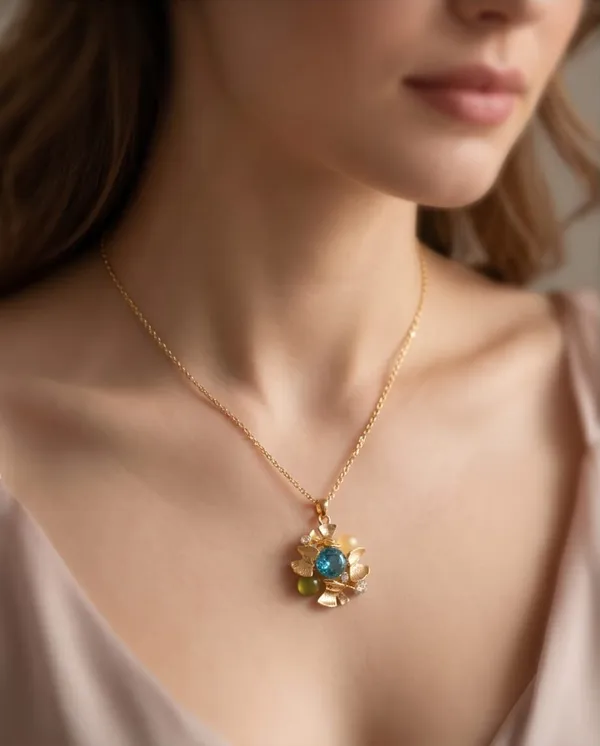 Gold_Plated_Blue_Crystal_Floral_Jewellery_Set_With_Necklace_And_Earrings