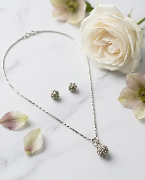 Silver_Rhinestone_Pendant_Necklace_With_Matching_Stud_Earrings_Set