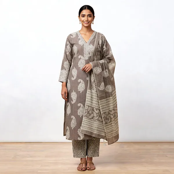 Grey_Cotton_And_Rayon_Block_Print_Kurta_Set_With_Dupatta_For_Women