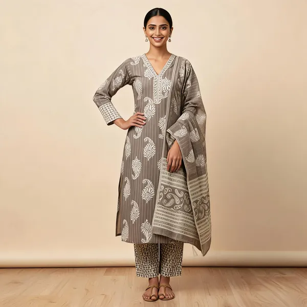 Grey_Cotton_And_Rayon_Block_Print_Kurta_Set_With_Dupatta_For_Women