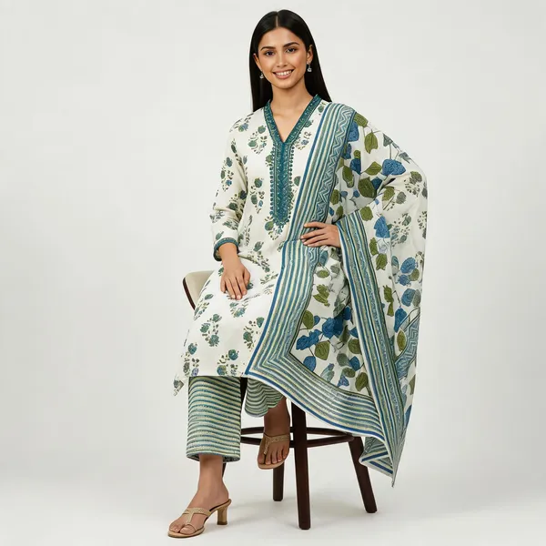 Off_White_Cotton_And_Rayon_Block_Print_Kurta_Set_With_Dupatta_For_Women