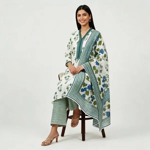 Off_White_Cotton_And_Rayon_Block_Print_Kurta_Set_With_Dupatta_For_Women