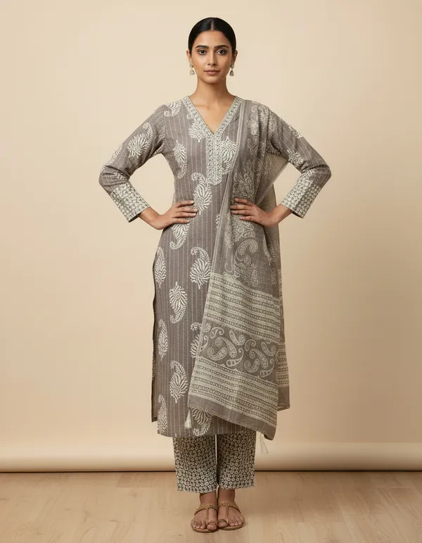 Grey_Cotton_And_Rayon_Block_Print_Kurta_Set_With_Dupatta_For_Women
