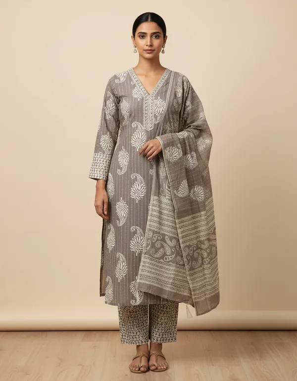 Grey_Cotton_And_Rayon_Block_Print_Kurta_Set_With_Dupatta_For_Women