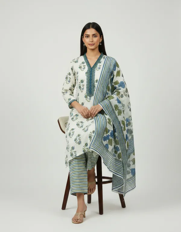 Off_White_Cotton_And_Rayon_Block_Print_Kurta_Set_With_Dupatta_For_Women