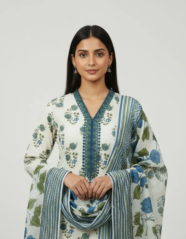 Off_White_Cotton_And_Rayon_Block_Print_Kurta_Set_With_Dupatta_For_Women