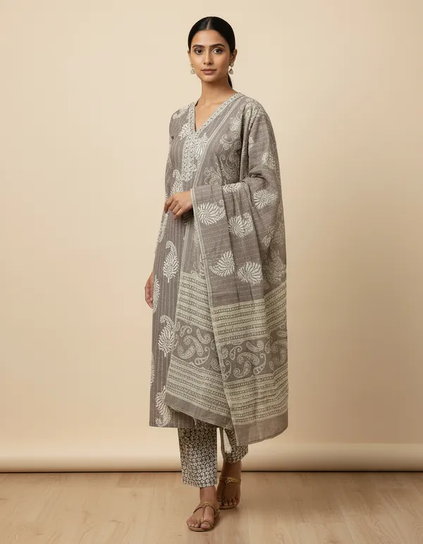 Grey_Cotton_And_Rayon_Block_Print_Kurta_Set_With_Dupatta_For_Women