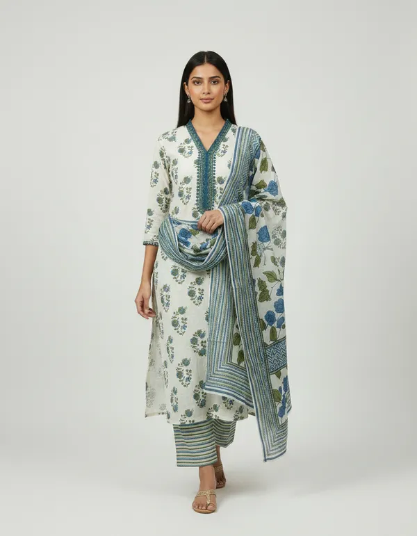 Off_White_Cotton_And_Rayon_Block_Print_Kurta_Set_With_Dupatta_For_Women