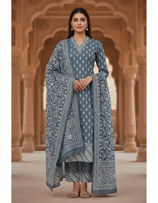 Sky_Blue_Cotton_And_Rayon_Block_Print_Kurta_Set_With_Dupatta_For_Women