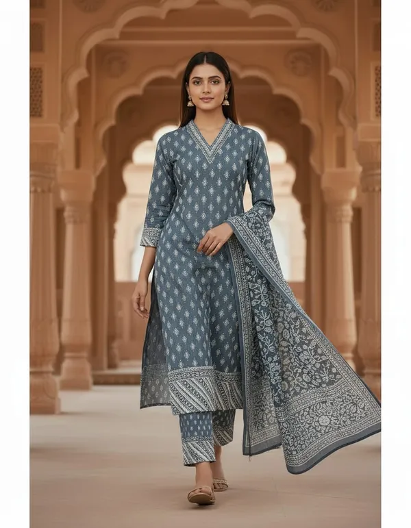 Sky_Blue_Cotton_And_Rayon_Block_Print_Kurta_Set_With_Dupatta_For_Women