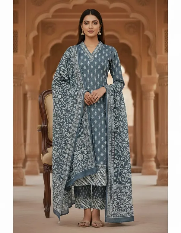 Sky_Blue_Cotton_And_Rayon_Block_Print_Kurta_Set_With_Dupatta_For_Women