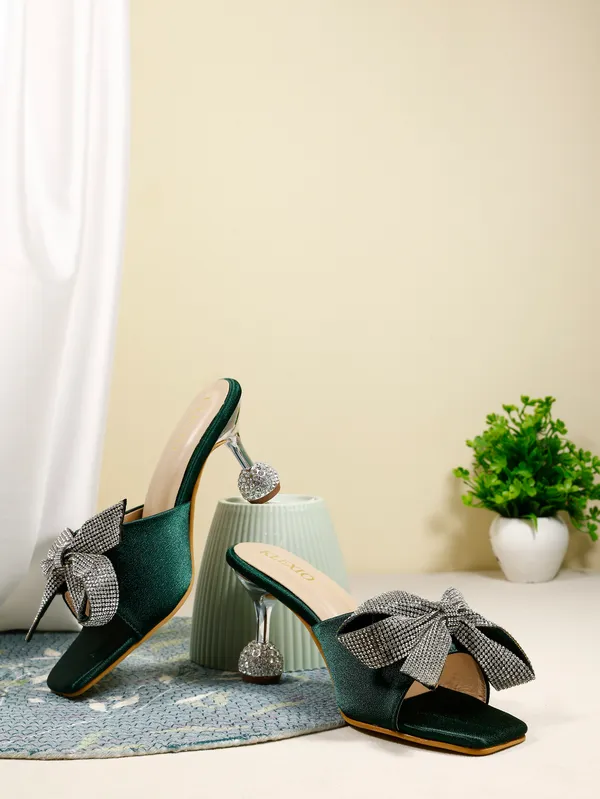 Green_Satin_Embellished_Bow_Slip-On_Heels_For_Women