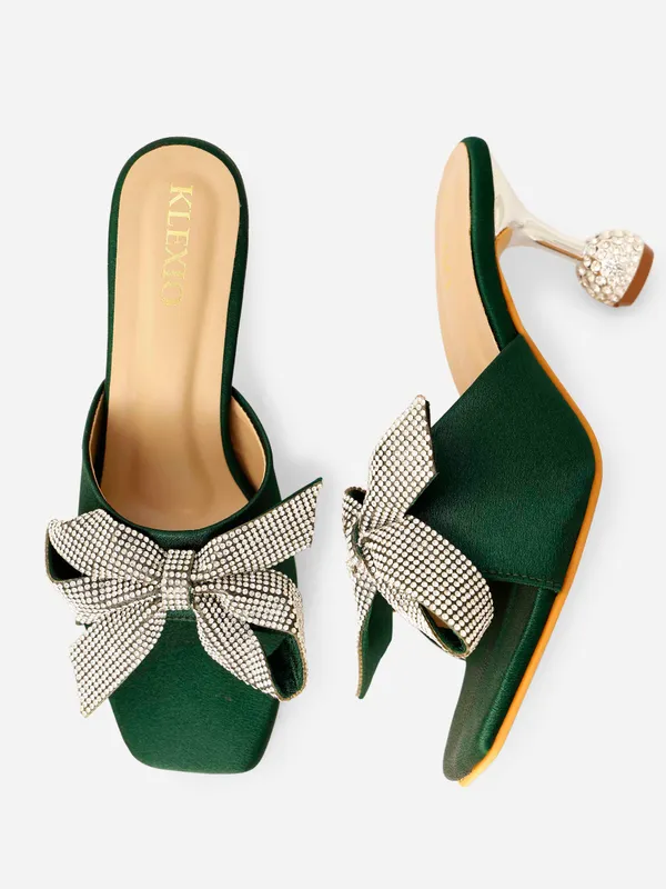 Green_Satin_Embellished_Bow_Slip-On_Heels_For_Women