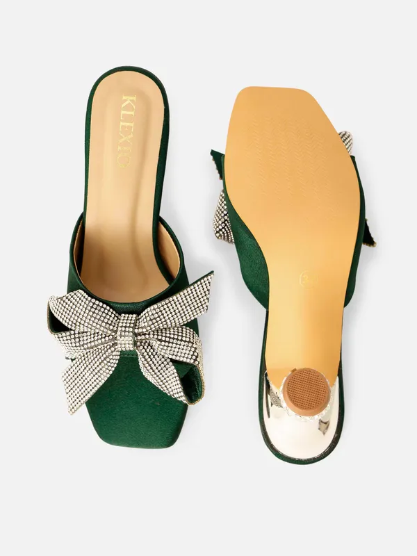 Green_Satin_Embellished_Bow_Slip-On_Heels_For_Women