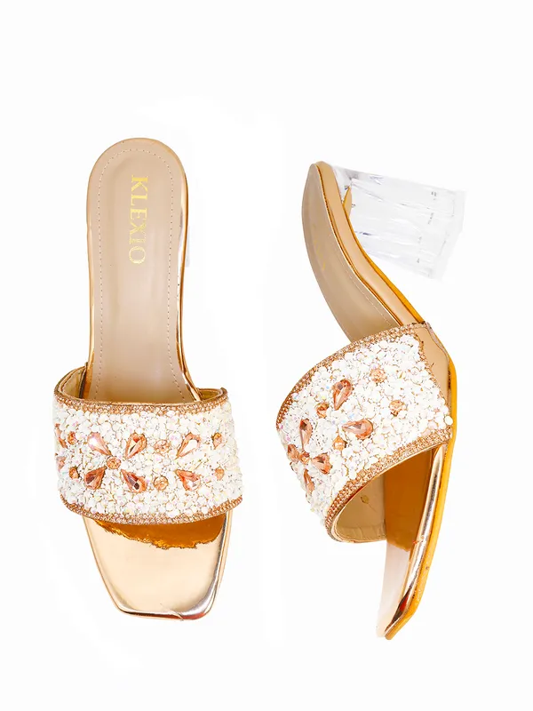 Gold_And_White_Embellished_Block_Heel_Slip-On_Sandals_For_Women