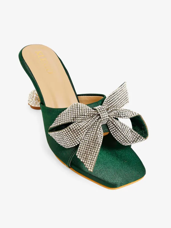 Green_Satin_Embellished_Bow_Slip-On_Heels_For_Women
