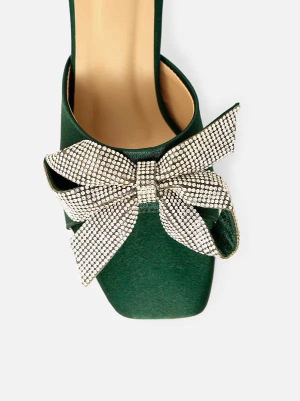Green_Satin_Embellished_Bow_Slip-On_Heels_For_Women