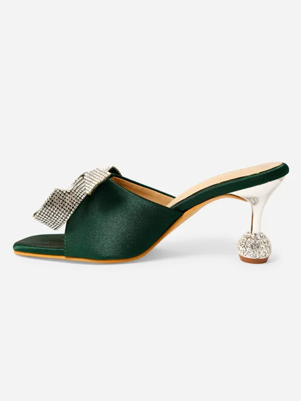 Green_Satin_Embellished_Bow_Slip-On_Heels_For_Women