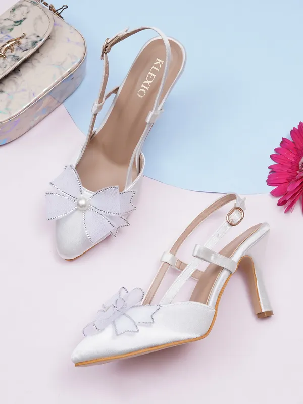 White_Satin_Bow_Pearl_Embellished_Slingback_Heels_For_Women