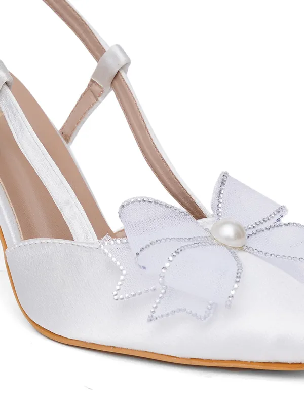 White_Satin_Bow_Pearl_Embellished_Slingback_Heels_For_Women