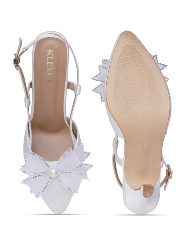 White_Satin_Bow_Pearl_Embellished_Slingback_Heels_For_Women