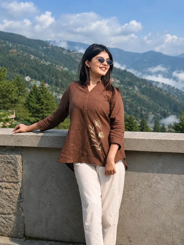 Brown_Cotton_Relaxed_Floral_Embroidered_Tunic_For_Women