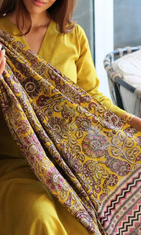 Yellow_Silk_Straight_Kurta_Set_With_Kalamkari_Dupatta_For_Women