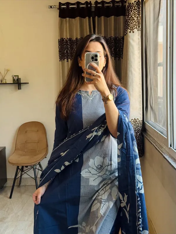 Blue_Cotton_Striped_Floral_Print_Kurti_Set_For_Women