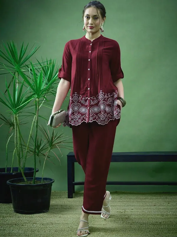 Maroon_Cotton_Embroidered_Button_Front_Top_Pant_Set_For_Women