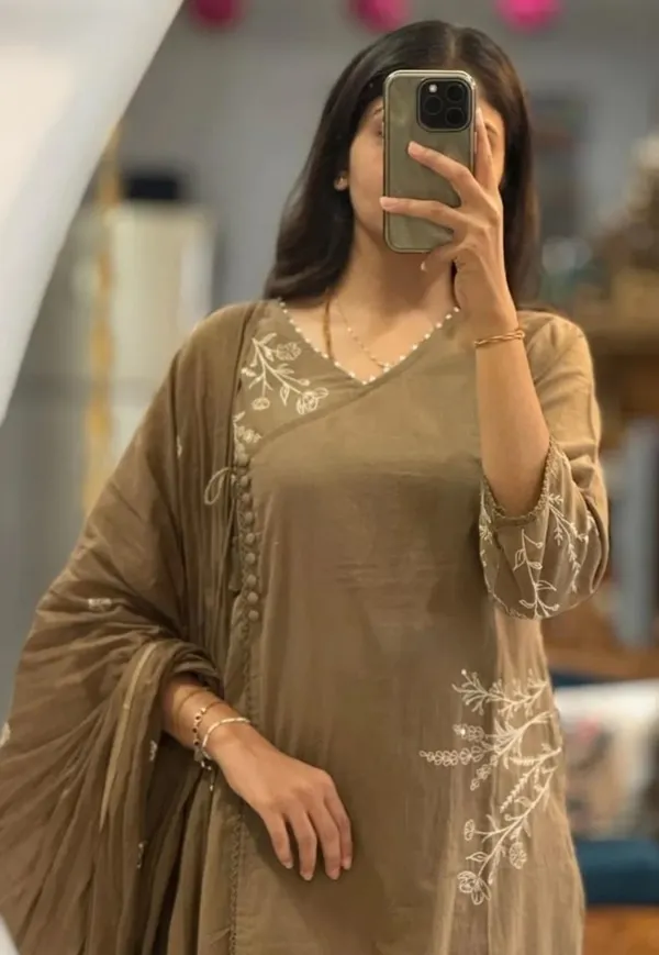 Brown_Cotton_Straight_Cut_Floral_Embroidered_Kurti_Set_For_Women