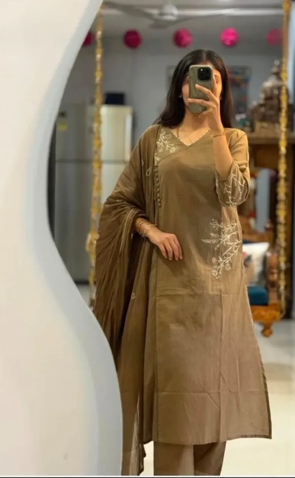 Brown_Cotton_Straight_Cut_Floral_Embroidered_Kurti_Set_For_Women
