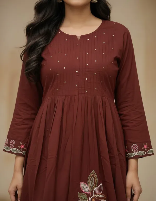 Brown_Cotton_Anarkali_Embroidered_Kurti_Set_For_Women