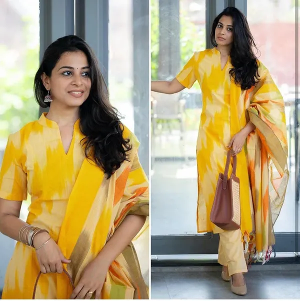 Yellow_Cotton_Straight_Ikat_Print_Kurta_Set_For_Women