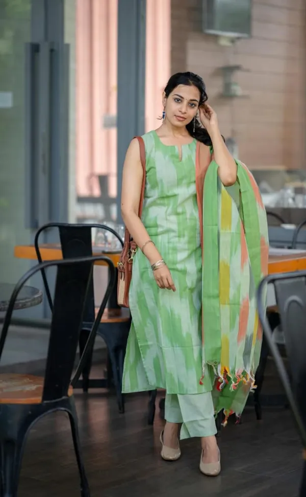 Green_Cotton_Straight_Ikat_Print_Kurta_Set_For_Women