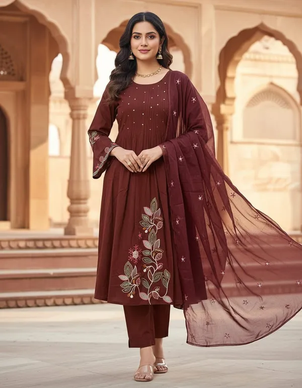 Brown_Cotton_Anarkali_Embroidered_Kurti_Set_For_Women